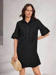 Miaspire Women's Summer Solid Color Front Button Elegant & Fashionable Short Sleeve Mini Dress - Black - View 2