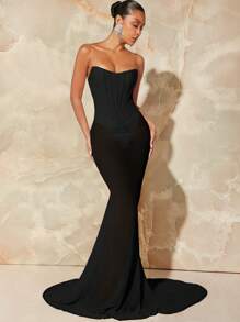 L'Amorae Corset Strapless Mermaid Hem Party Dress - Black - View 1