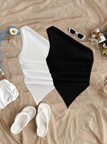 Soleia 2pcs/Set Solid Color Mixed Black And White Asymmetric Hem Asymmetrical Neck Tops, Suitable For Summer Vacation,Rave Top Suitable For Going Out