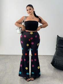 Flirla 大码花卉印花休闲高腰喇叭裤