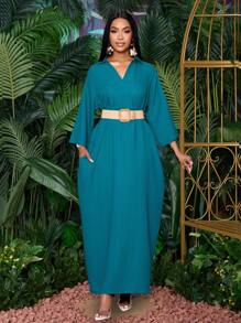 SOLERSUN Women's Fashionable V Neck Loose Batwing Sleeve Without Belt Dress For Holiday Maxi Women Outfit - Teal Blue - View 3