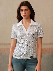 Anewsta Blouse femme élégante à col polo avec ornements de sequins, manches courtes. Parfaite pour le printemps, l'été, les festivals et les remises de diplômes. - Argent - Voir 5