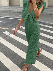 SHEIN Frenchy Women's Vacation Elegant Tie Cap Sleeve Waisted Back Deep V Solid Color Fabric Embroidery Straight Wide Leg Jumpsuit Summer Vacation Outfits Women Vacation Outfits Woman Spring Outfits For Women Summer Outfits For Women Wedding Guest Dress Women Rompers For Women Summer European Summer Green - Green - View 4