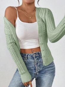 SHEIN Frenchy Áo len cardigan dệt kim khoét lỗ màu trơn thường ngày cho nữ - màu xanh lá - Xem 3
