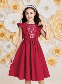 SHEIN Tween Girl Wine Red Woven Dress, With Sequins Embroidery Splice On Front Chest, Cap Sleeves, Ruffle Front, Elegant And Vintage, Suitable For Ball And Party