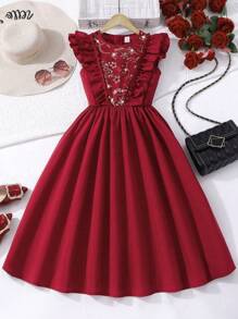 SHEIN Tween Girl Wine Red Woven Dress, With Sequins Embroidery Splice On Front Chest, Cap Sleeves, Ruffle Front, Elegant And Vintage, Suitable For Ball And Party