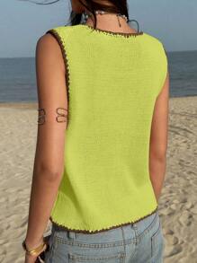 Jouncy Women's Single-Breasted Round Neck Sleeveless Casual Knit Top - Olive Green - View 2