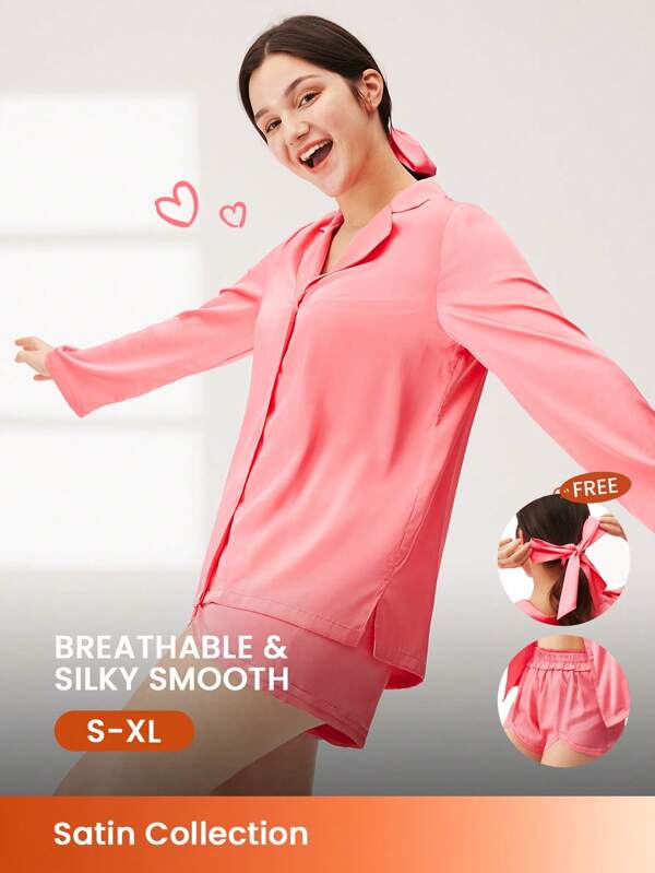 LUVLETTE Pink  Women Satin With Long Airy Pajama Set Short Set Lingerie Free Hair Band Lounge Sets For Women