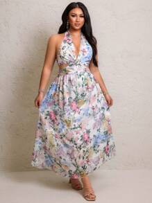 Flirla Plus Size Summer Elegant Floral Print Halter Neck Backless Maxi Dress - Multicolor - View 3