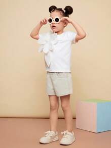 CutesyCutie Girl's Solid Color 3D Floral Round Neck Knit T-Shirt Tops For Kids Girls - White - View 3