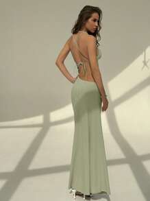 Aloruh 女式白色露背系带紧身垂坠领连衣裙 - 橄欖綠 - 查看 3