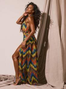 Musera Resort 高领露肩抽象印花开衩宽松长裙，春夏度假性感波西米亚风伊比沙岛音乐节沙滩泳装罩衫，优雅假日长裙 - 彩色 - 查看 2