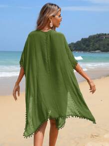 Swim Vcay Vestido cubre con mangas de murciélago y cuello en V de unicolor, atuendo de vacaciones para mujeres - Verde Oliva - Ver 2