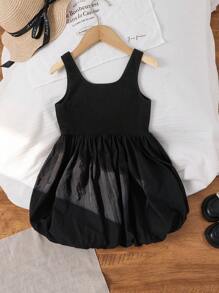 Young Girl Solid Color Crew Neck Knit Patchwork Ruffle Hem Snug Fit Dress - Black - View 6