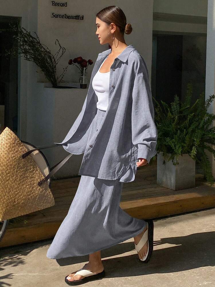 Western Style Beach Vacation Solid Color Casual Loose 2-Piece Set For Women, Spring Lounge Sets For Women