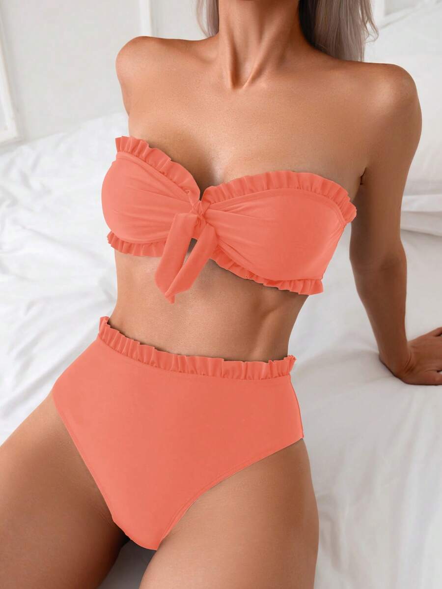 SHEIN Swim 女式夏季海滩纯色荷叶边抹胸比基尼套装，前结两件套泳衣，黑色泳衣