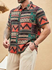 Manfinity RSRT Plus Size Men's Geometric Print Single-Breasted Short Sleeve Casual Shirt - Multicolor - View 4