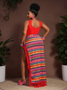 Veslaya Bộ 2 món/Bộ đồ liền quần dệt kim cỡ lớn có xẻ tà, thích hợp cho kỳ nghỉ - Đỏ - Xem 2