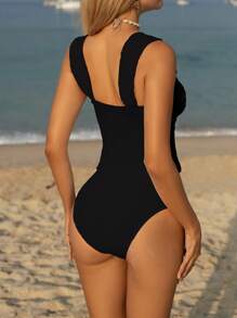 Swim Vcay 2pcs Women Summer Beach Jacquard Textured Fabric Swimsuit Set - Black - View 5