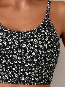 SHEIN Swim Women's 2-Piece Ditsy Floral Spaghetti Strap Crop Top And High Waisted Bikini Set Set, Vacation & Casual For Summer