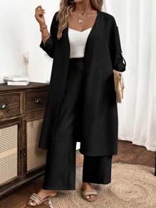 Linhara 大码女士梭织休闲度假夏季两件套 - 黑色 - 查看 5