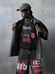 NEON BLANC 男士街头时尚梭织牛仔短袖宽松衬衫，街头风版 - 深灰色 - 查看 8