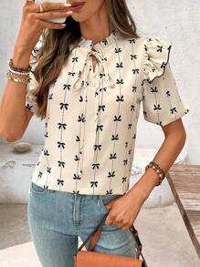 EMERY ROSE Spring New Bowknot Print V-Neck Sweater Women, Fashionable Versatile Pullover Short Sleeve Blouse - Beige - View 1