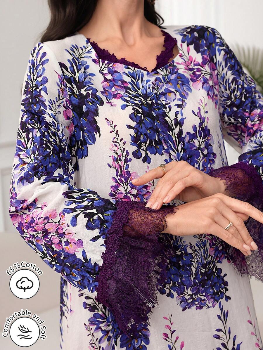 Lacomfia Vestido acampanado de estilo árabe para mujeres de primavera y verano con escote en forma de corazón, ribete de encaje y bajo con volantes, modesto - Multicolor - Ver 1