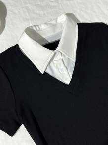 Elamini Women's Elegant Color Block Short Sleeve Work Dress, Summer