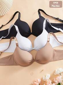 Shein Underwear&Sleepwear Basics Set de 3 sujetadores con aros, copas con detalle de lazo y fibra ultrafina en tallas grandes, en colores negro, blanco y nude
