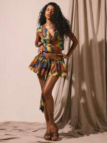 Musera Resort 连帽高领抽象印花上衣，春夏度假性感波西米亚风伊比沙岛音乐节沙滩泳装罩衫，优雅沙滩狂欢节假日必备 - 彩色 - 查看 5