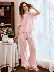Côtesoire 2 piezas Conjunto de pijama estilo retro y romántico para mujer
