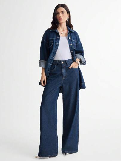 Daynim Calça Jeans Feminina Wide Leg Cintura Alta