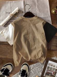 SHEIN Set de 3 camisetas de manga corta con estampado gráfico de bloques de color de estilo clásico casual para niños preadolescentes, aptas para el verano - Multicolor - Ver 5