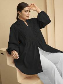 Graceveil Women Plus Size Stand Collar Embroidered Patchwork Textured Long Sleeve Casual Shirt Fall Cloth For Women - Black - View 3