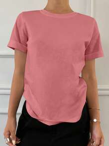 Livesso Solid Color Crew Neck Casual Short Sleeve T-Shirt For Women, Autumn - Rose Red - View 5