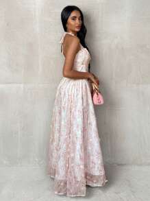 Glamine Váy Maxi in hoa lãng mạn cho nữ, không tay, cổ cao, xẻ eo, dáng chữ A, thích hợp mặc hàng ngày/đi nghỉ vào mùa xuân/hè - Hồng - Xem 6