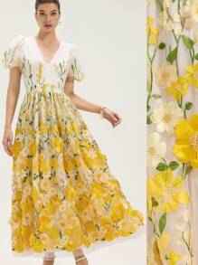 Aveloria Rosie 优雅精致春夏新品高端奢华深V领泡泡袖花卉刺绣网眼泡泡袖长裙女式波西米亚风度假时尚春秋装 - 彩色 - 查看 6