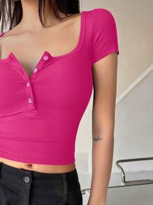 DAZY Áo thun ngắn tay màu trơn dáng casual dành cho nữ, kiểu dáng mùa hè thanh lịch, dễ thương. - Màu Hồng Tươi - Xem 3