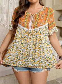 SHEIN LUNE 大码碎花扭纹领度假衬衫，夏季 - 彩色 - 查看 4