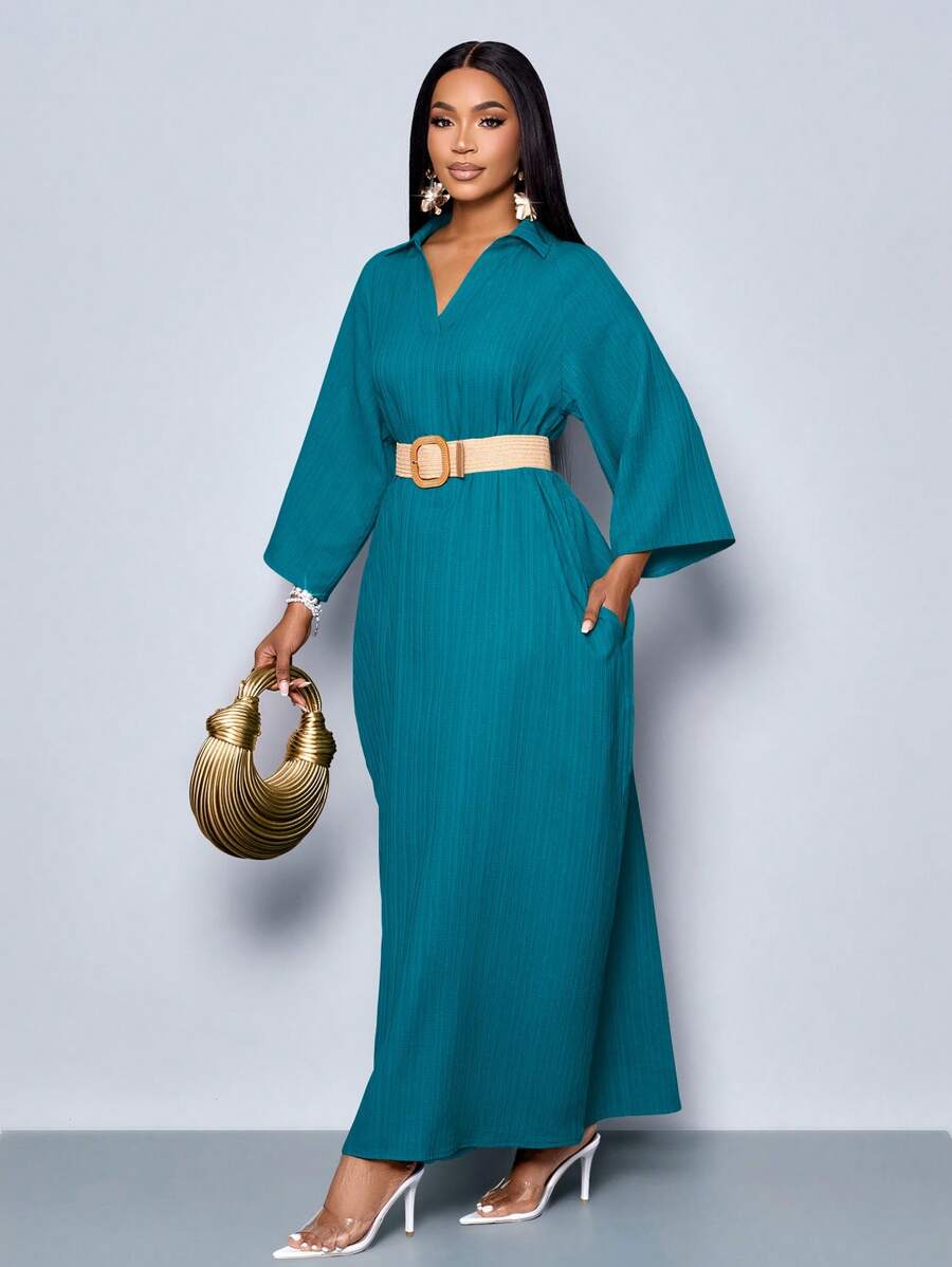 SOLERSUN Women's Fashionable V Neck Loose Batwing Sleeve Without Belt Dress For Holiday Maxi Women Outfit - Teal Blue - View 1