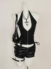 SHEIN ICON 夏季 Y2K V 领外出演唱会女士演唱会黑色哥特性感索环纯色时尚侧交叉带露背背心，夏季