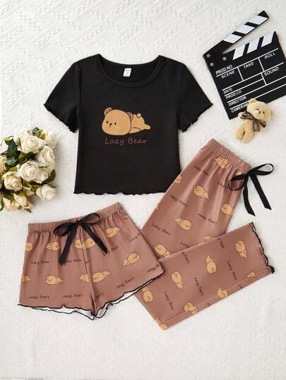 3 Pieces Set: Brown Bear Print Girls Long Pants, Shorts And Short Sleeve Top Pajama Set