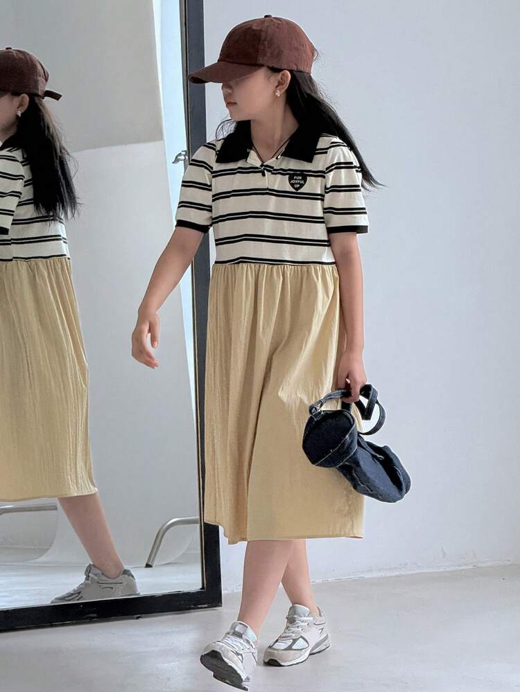 Tween Girls' Casual Striped Patchwork Loose Short Sleeve Dress, Summer
