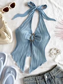 Soleia 休闲系带金属扣合身不对称下摆吊带背心 - 藍色 - 查看 3