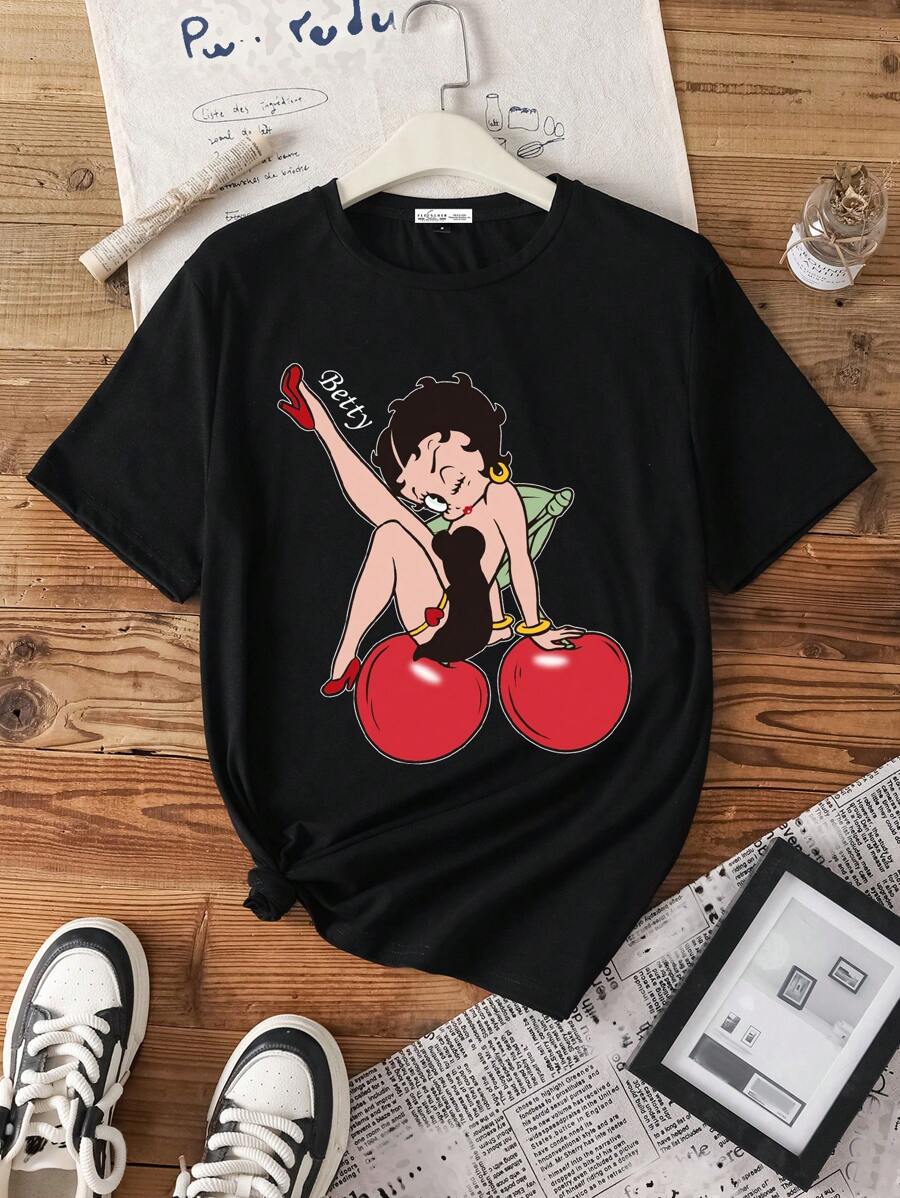 Betty Boop x SHEIN Áo thun nữ cổ tròn tay ngắn dáng rộng thoải mái, thích hợp cho mùa hè - màu đen - Xem 1