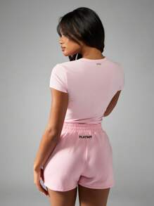 Missguided x Playboy 经典短袖连体衣，带标志，运动休闲装，健身，夏季春季休闲，柔软棉混纺 - 粉色 - 查看 2