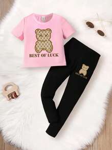 SHEIN Playful Pals 1 Set Girls Toddler Casual Cute Bear & Letter Print Round Neck Short Sleeve T-Shirt And Leggings Outfit, Comfortable Spring/Summer