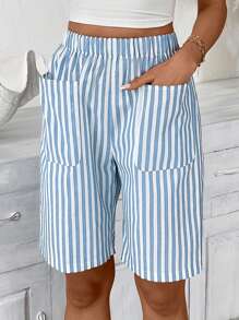 SHEIN LUNE 女士休闲条纹口袋百慕大及膝短裤 - 淺藍色 - 查看 5