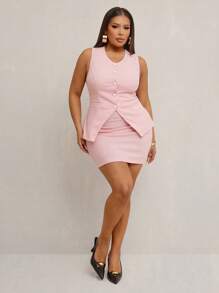 SHEIN SXY Conjunto elegante y sexy para mujer de talla grande: Top ajustado sin mangas de unicolor + Falda lápiz a juego, para primavera y verano